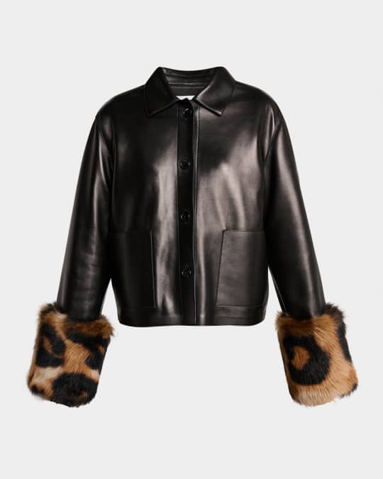 Loewe Leather Jacket With Leopard-Print Lamb Shearling Cuffs