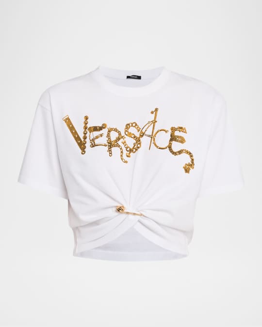 Versace Studded Safety Pin Cropped T-Shirt | Neiman Marcus