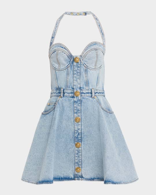 Balmain ButtonFront Denim Halter Mini Bustier Dress Neiman Marcus — free download