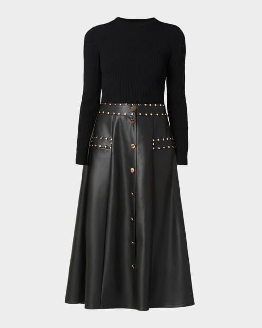 fitted lace wedding dress Shoshanna Women's Angela Mixed-Media Faux-Leather  Midi-Dress - Navy