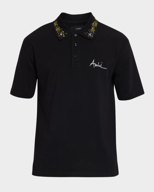Amiri Men's Embroidered Floral-Collar Cotton Polo Shirt | Neiman