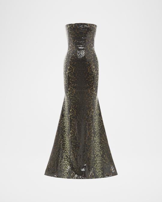 alex perry black sequin dress Strapless Leopard-Print Sequined Longline Trumpet Gown wine red prom dresses while the floor an elegant sophisticated backless Sleeve Length:34-35