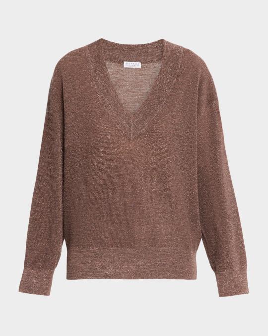 Brunello Cucinelli Sparkling Linen V-Neck Sweater | Neiman Marcus