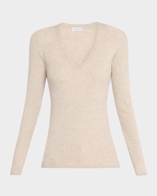 Brunello Cucinelli Metallic Cashmere Stretch Rib V-Neck Sweater