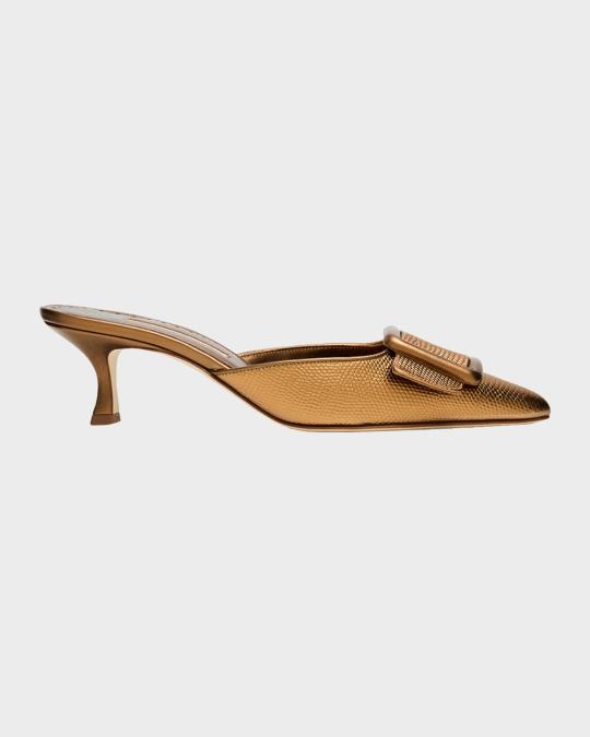Manolo Blahnik 50mm Maysalebi Embossed Metallic Leather Mules