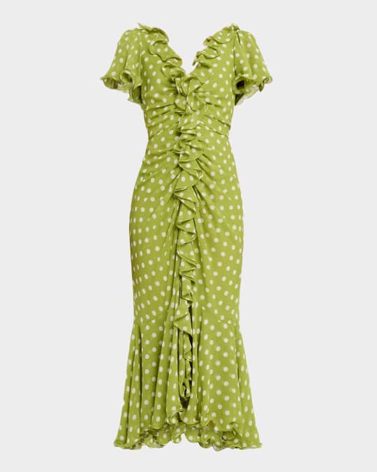 knee length dresses for ladies Green Ruffled Faux Wrap Midi Dress