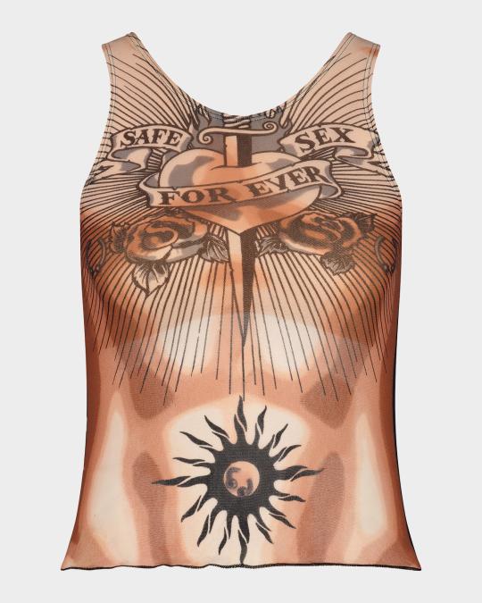 トップス Jean Paul GAULTIER Mesh Tank Top Jean Paul Gaultier Re-Edition Tattoo Trompe L'oeil Mesh Tank Top