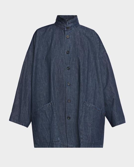 Eskandar Cotton Denim Angle To Front Double Stand Collar Jacket