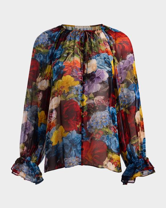apolina 24aw ブラウス ALICE + OLIVIA Flourish Josephine Split-Neck Blouse | Neiman Marcus
