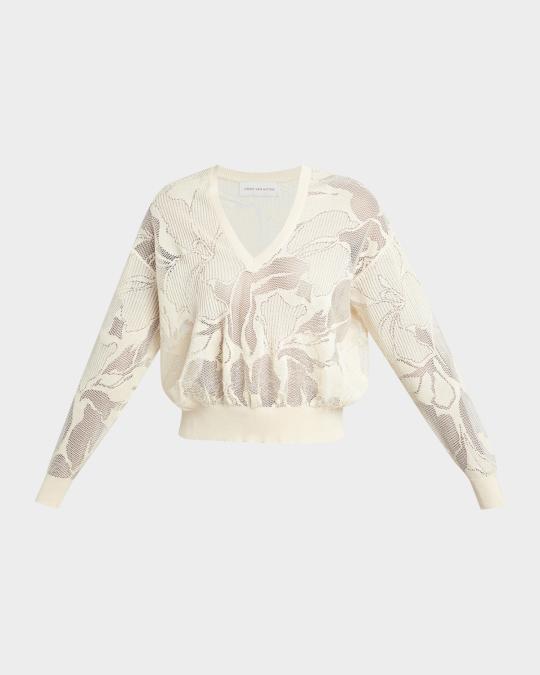 Dries Van Noten Torion Floral Lace Knit V-Neck Sweater | Neiman Marcus