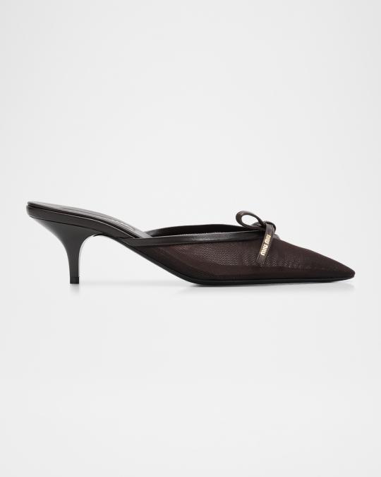 Miu Miu 55mm Bow Mesh Leather Mules | Neiman Marcus