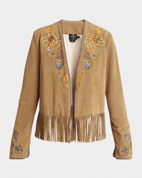 Etro Embroidered Suede Fringe Open Jacket | Neiman Marcus