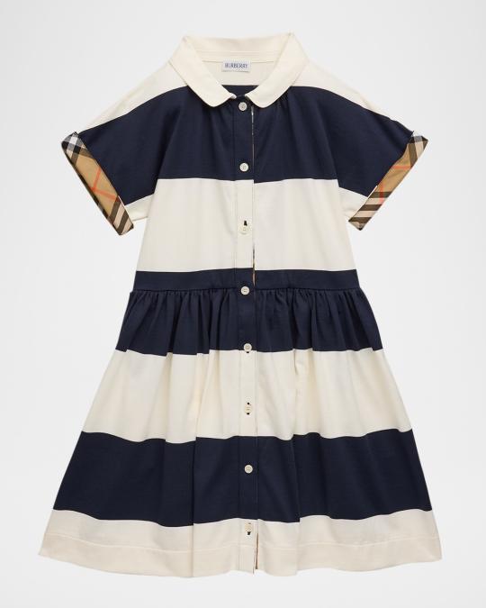 Burberry Girl's Check-Trim Striped Cotton Shirt Dress, Size 3-14