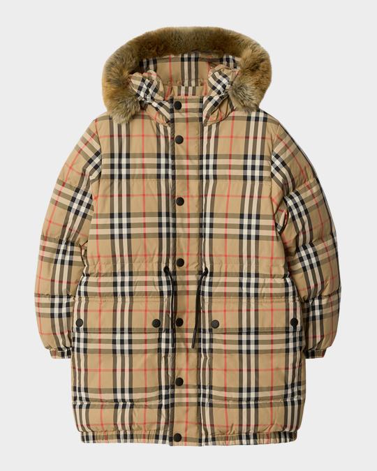 Burberry Boy's Faux-Fur Trim Check Nylon Puffer Coat, Size 3-14