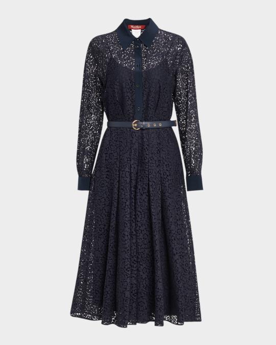 Max Mara Studio Pleated Floral Lace Midi Shirtdress | Neiman Marcus
