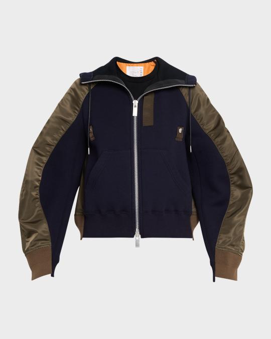 sacai Mixed-Media Zip Hooded Jacket | Neiman Marcus