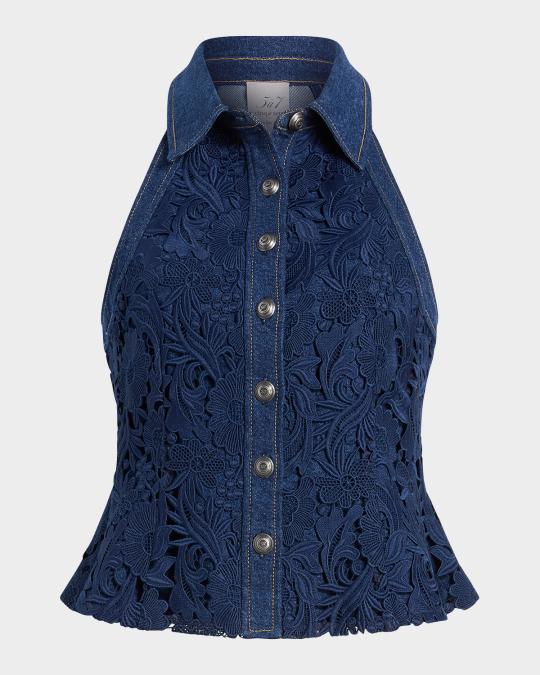 Cinq a Sept Ronin Lace Denim Top | Neiman Marcus