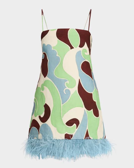 Cara Cara Valencia Printed Feather-Trim Mini Dress | Neiman Marcus