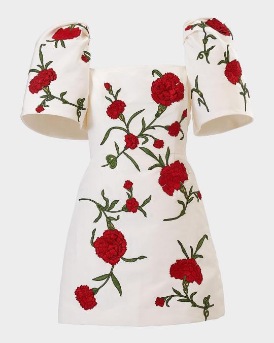Carolina Herrera Carnation Embroidered Bell-Sleeve Mini Dress