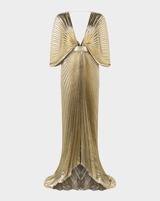 roberto cavalli backless dress Plunging Pleated Lame Silk Gown Size:US6 live S Senta Backless Back Embrace the unmistakable glamour
