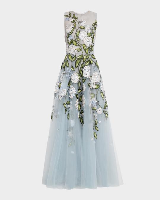 oscar de la renta floral embroidered dress dupe Oscar de la Renta Sleeveless Porcelain Flower Embroidered Tulle Gown