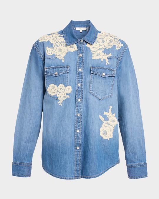 LoveShackFancy Kelith Floral Embroidered Denim Shirt | Neiman Marcus