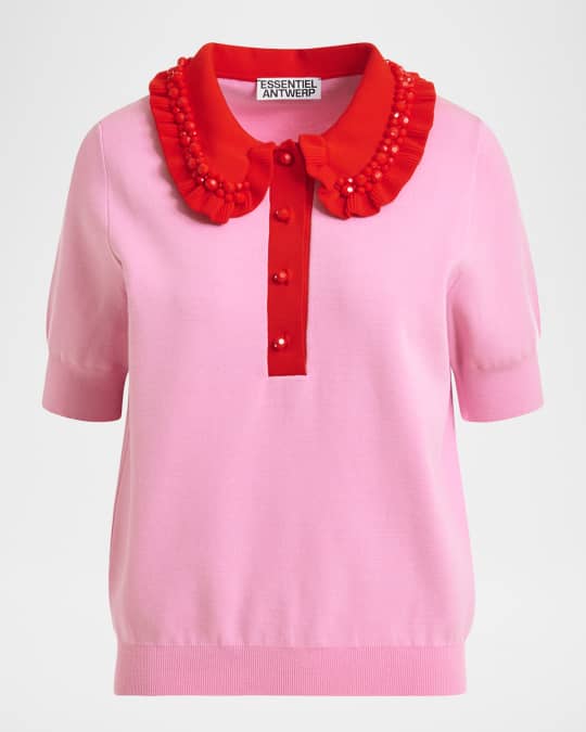 Essentiel Antwerp Ruffle Fine-Knit Polo Top with Bead