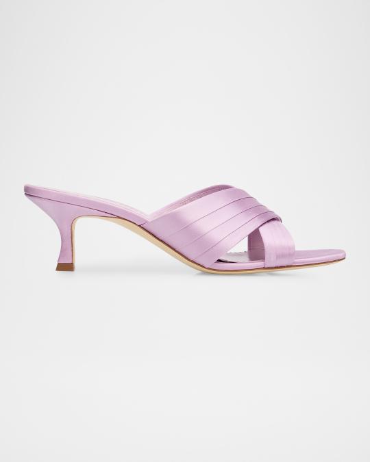Manolo Blahnik Vieramul Pleated Satin Kitten-Heel Mule Sandals