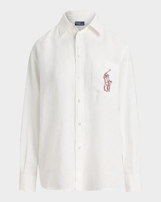 美品／POLO RALPH LAUREN　リネン　ワイドシャツ　ポニー刺繍ロゴ Polo Ralph Lauren Oversized-Fit Embroidered Linen Shirt | Neiman