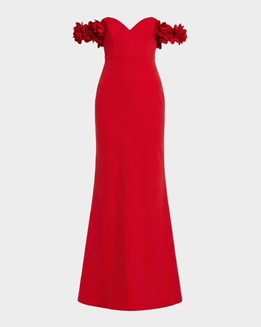 Mac Duggal Crepe 3D Flower Off-The-Shoulder Gown | Neiman Marcus