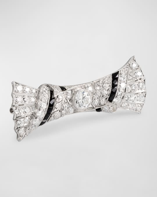 Estate Art Deco Platinum Black Onyx and Diamond Bow Pin