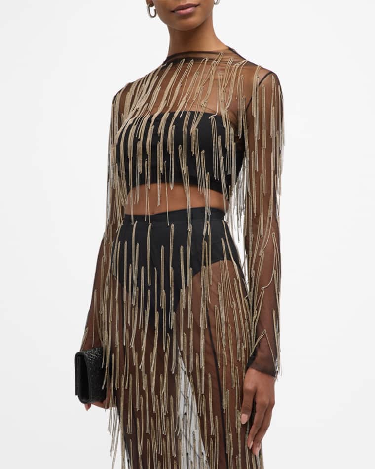 Image LAPOINTE Crystal Fringe Mesh Long-Sleeve Top