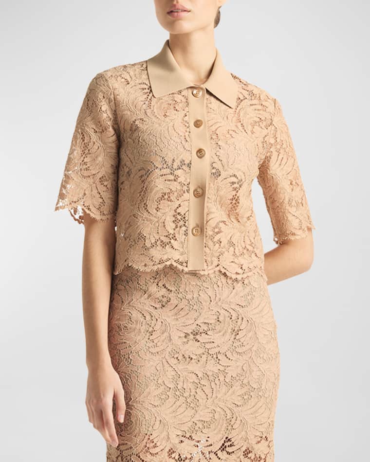 Image St. John Fern Leaf Lace Elbow-Sleeve Collared Crop Top