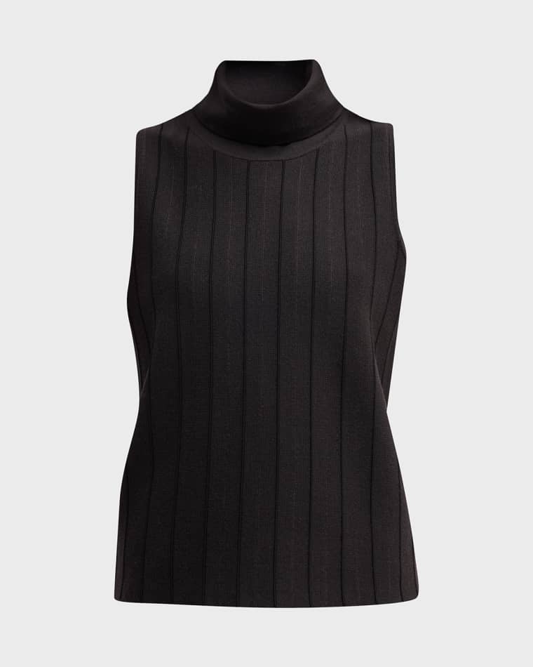 Image TSE Cashmere Ribbed Wool-Silk Sleeveless Turtleneck Sweater