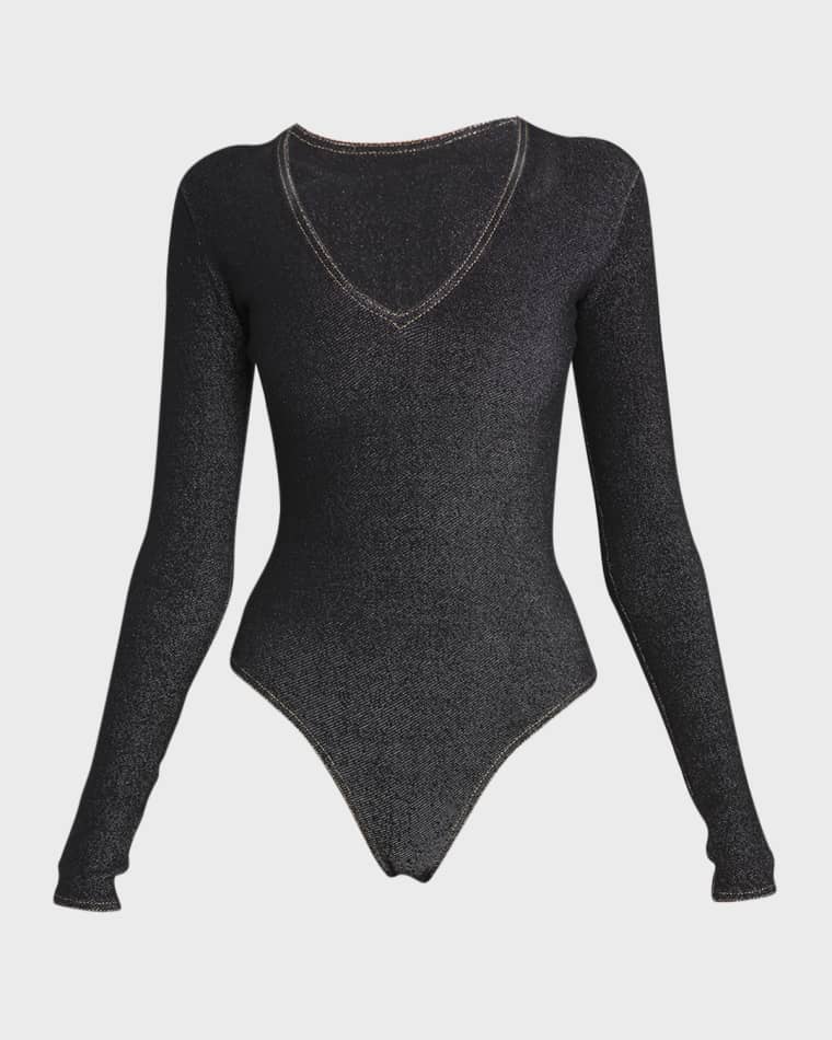 Image ALAIA V-Neck Long-Sleeve Denim Bodysuit
