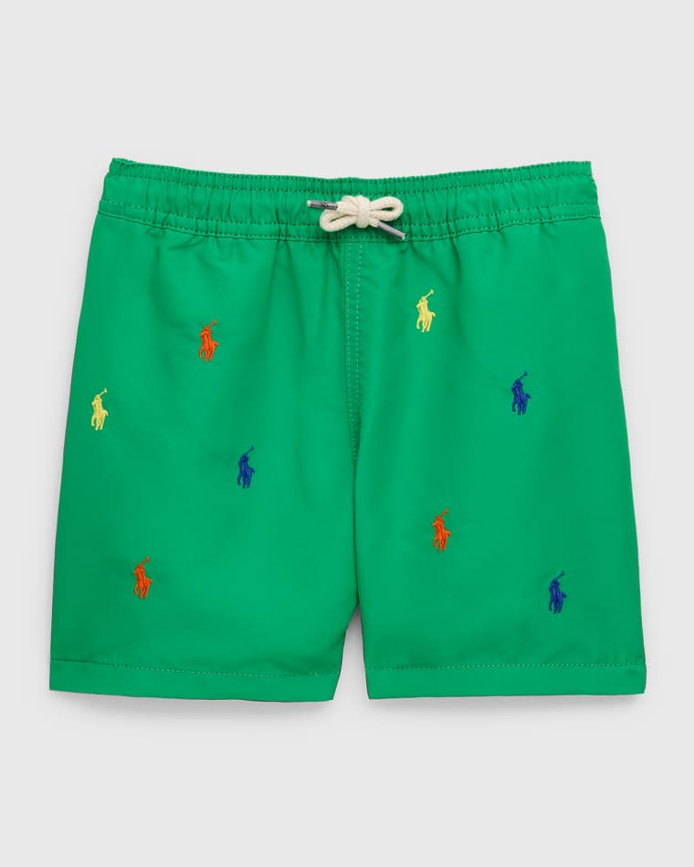 Image Ralph Lauren Childrenswear Boy's Embroidered Pony Traveler Swim Trunks, Size 2-7