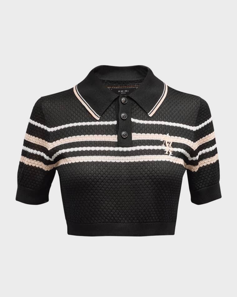 Image Amiri Striped Short-Sleeve Pointelle Knit Crop Polo Shirt