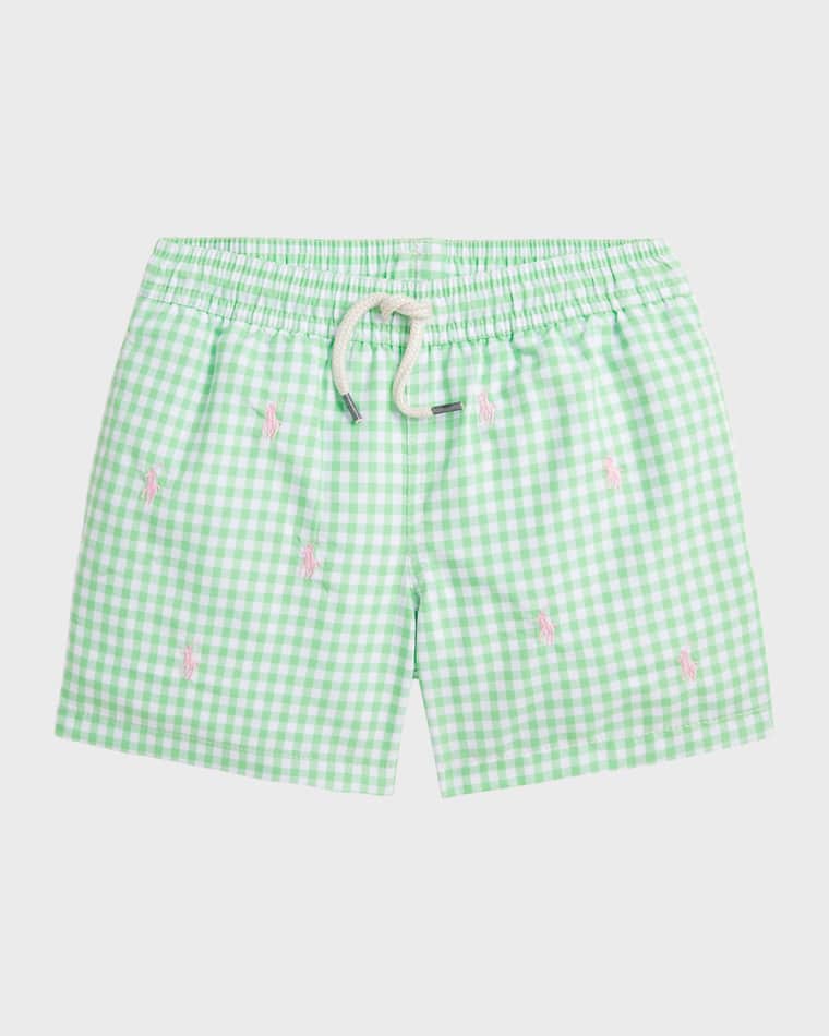 Image Ralph Lauren Childrenswear Boy's Traveler Gingham Swim Trunks, Size 2-6