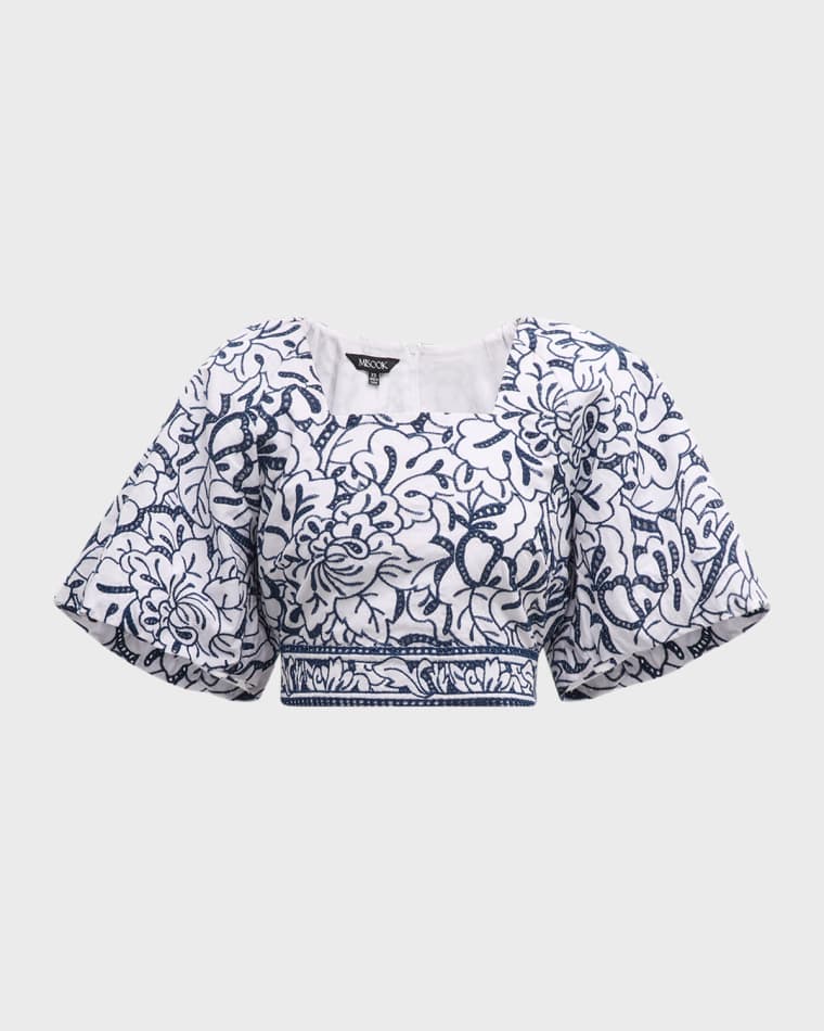 Image Misook Floral-Embroidered Cropped Cotton Blouse