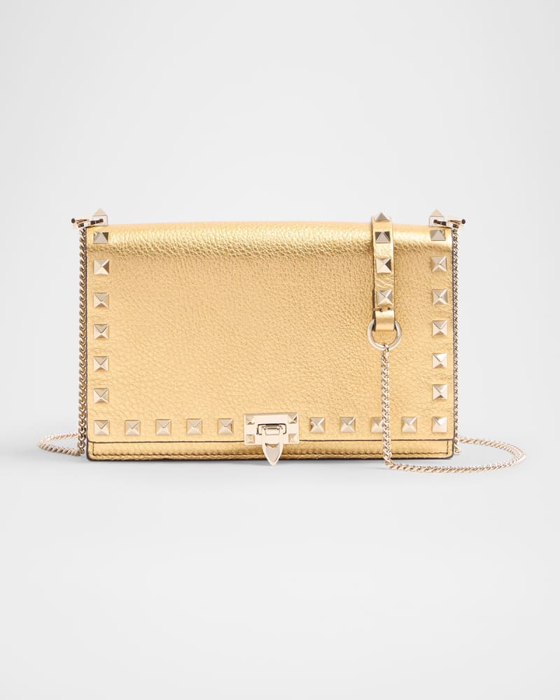 Mini Rockstud Metallic Leather Wallet on Chain