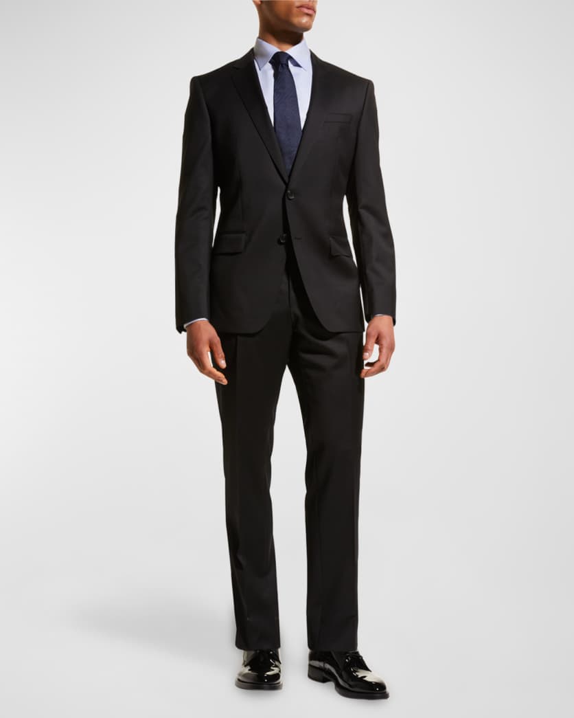 Men's Stretch-Wool Basic Two-Piece Slim Fit Suit, Black 1