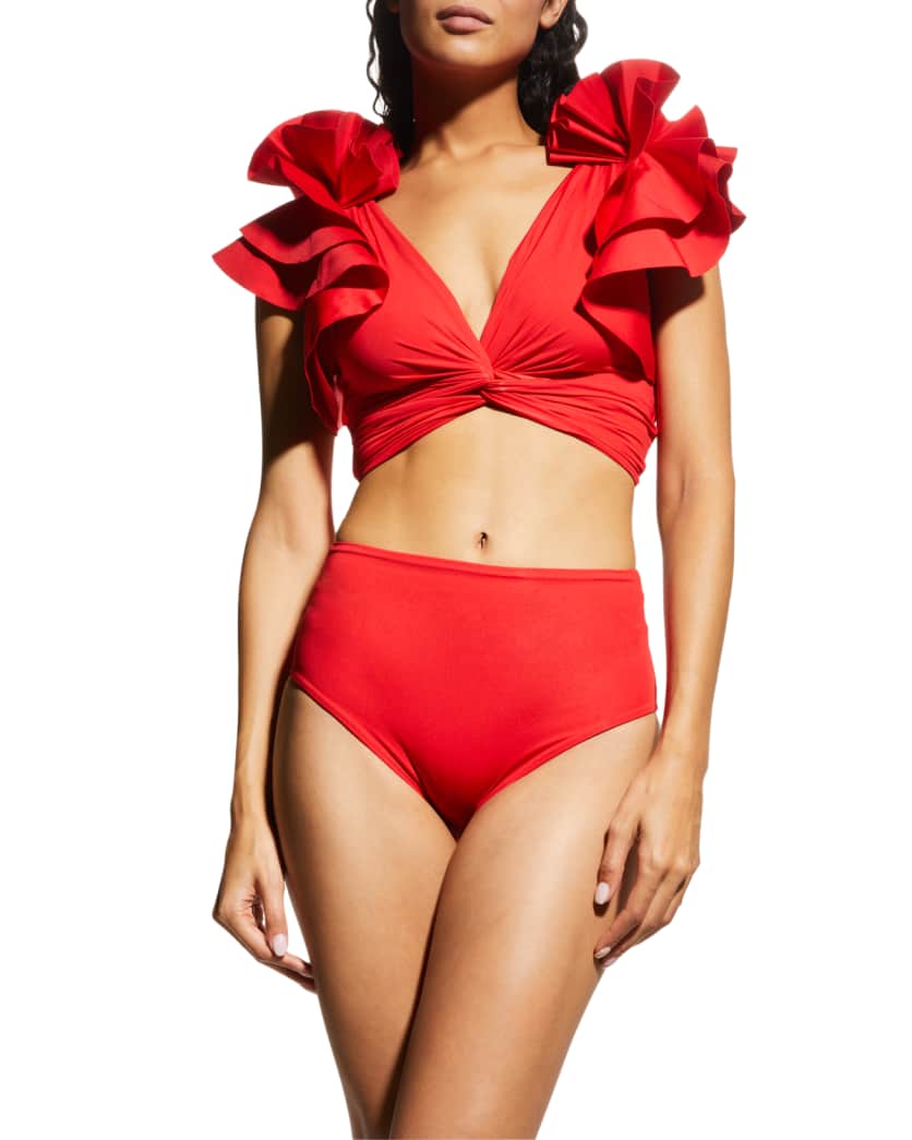 Fabulous red bikini swimsuit that covers shoulders with puffy sleeves