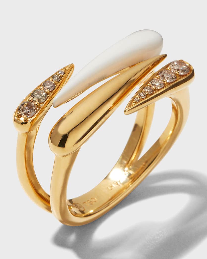 18k Yellow Gold Brown Diamond and White Ceramic Ring, Size 53