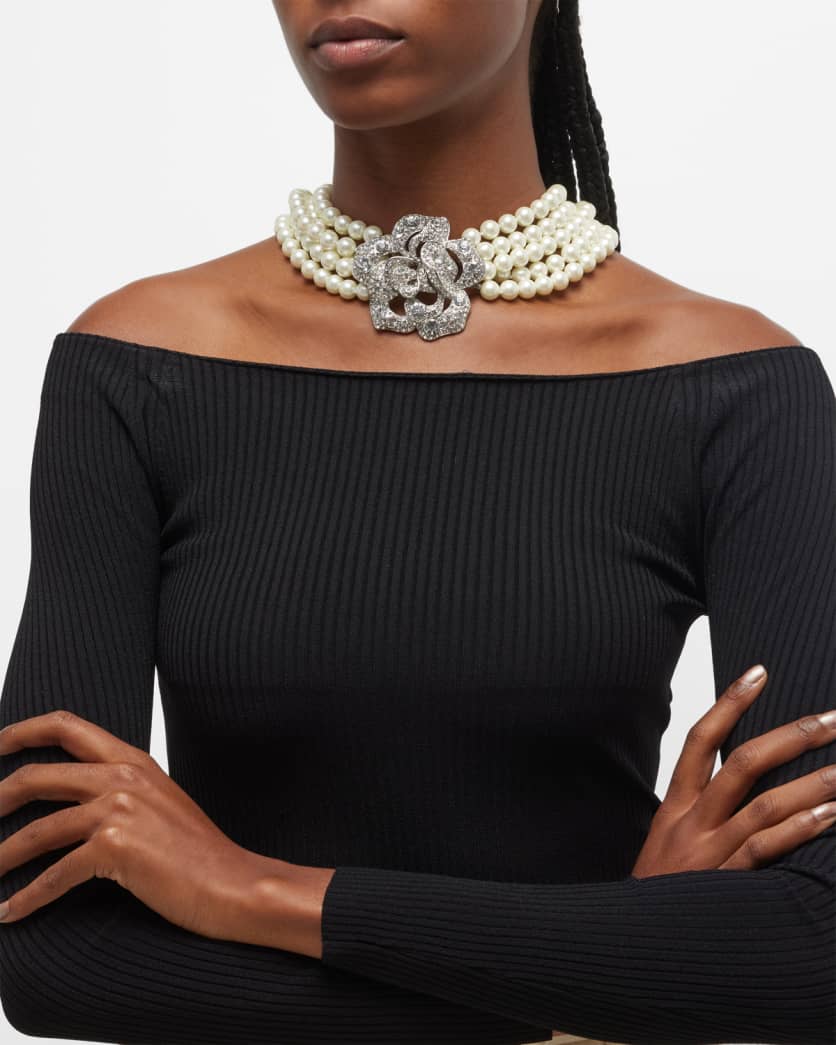 Crystal Flower Pearly Multi-Strand Necklace 4