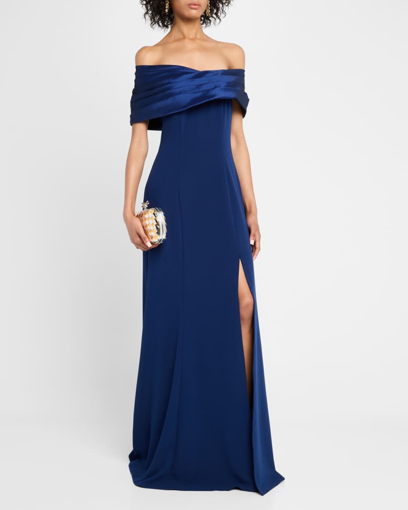Off-Shoulder A-Line Crepe & Taffeta Gown