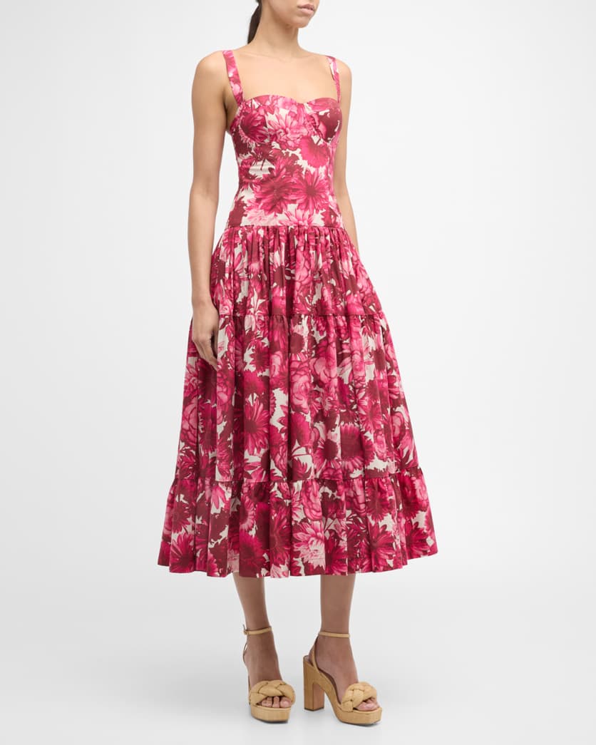 Santiago Bustier Tiered Floral Poplin Midi Dress