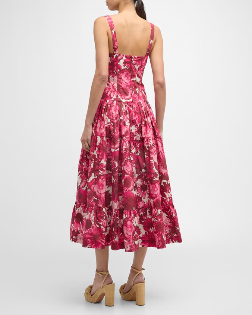 Santiago Bustier Tiered Floral Poplin Midi Dress