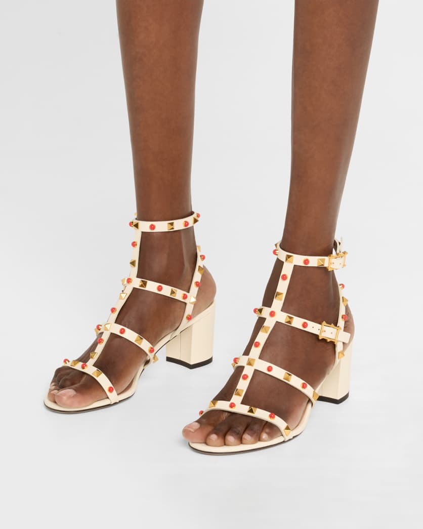 Rockstud Caged Ankle-Strap Leather Sandals