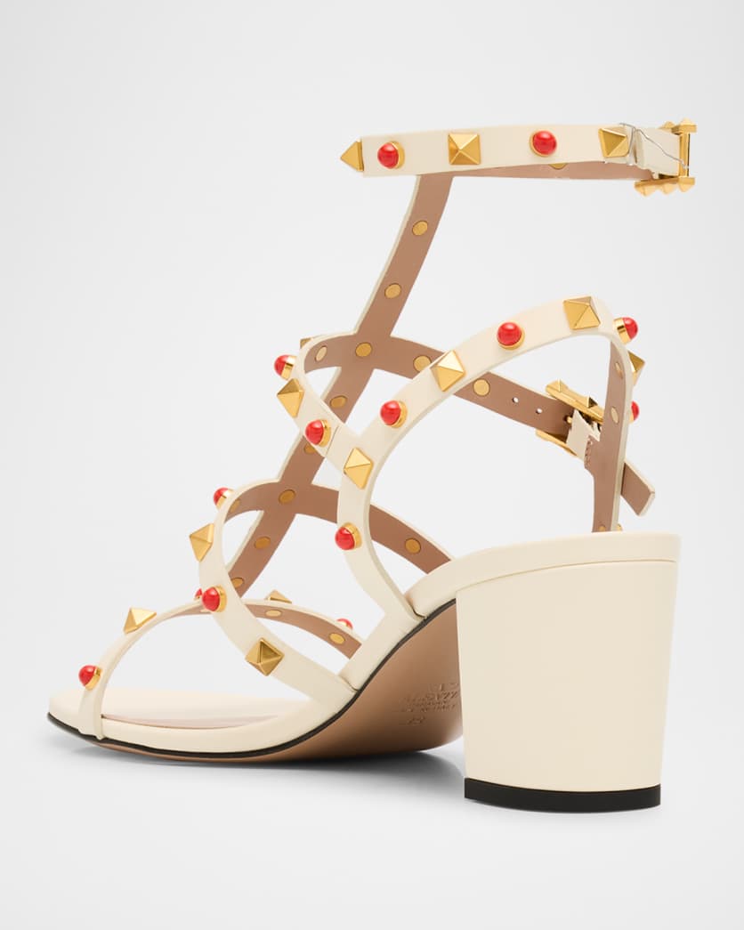Rockstud Caged Ankle-Strap Leather Sandals