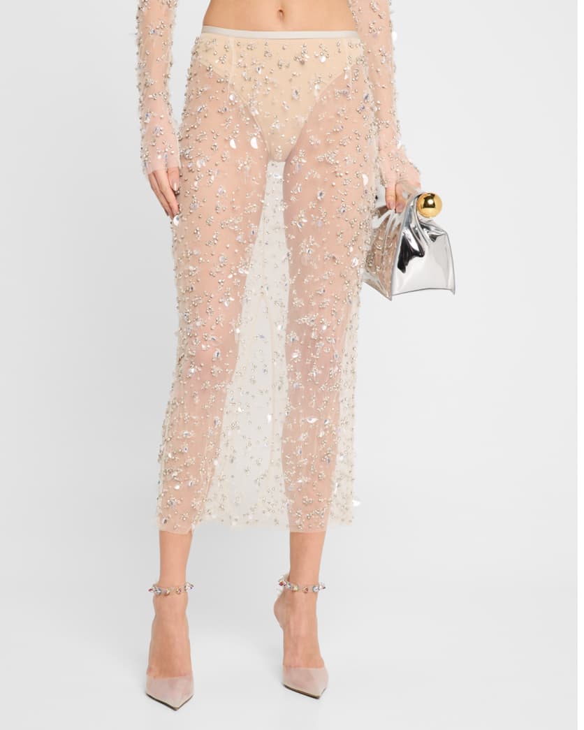 Embellished Mesh Maxi Pencil Skirt